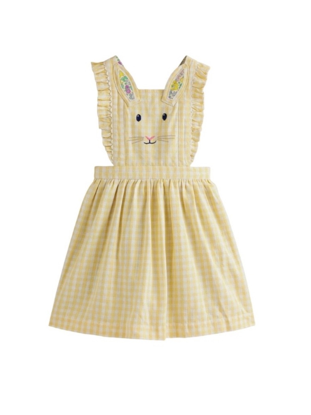 Mini Boden Girls 3-4y Yellow Check Easter Bunny Ruffle Pinafore Dress